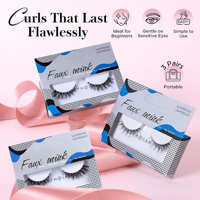 Bepholan False Eyelashes Natural Look Wispy Eyelashes 3D Fluffy Fake Eye Lashes Soft Band Easy to Apply 3 Pair Faux Mink Strip Lashes(M01)