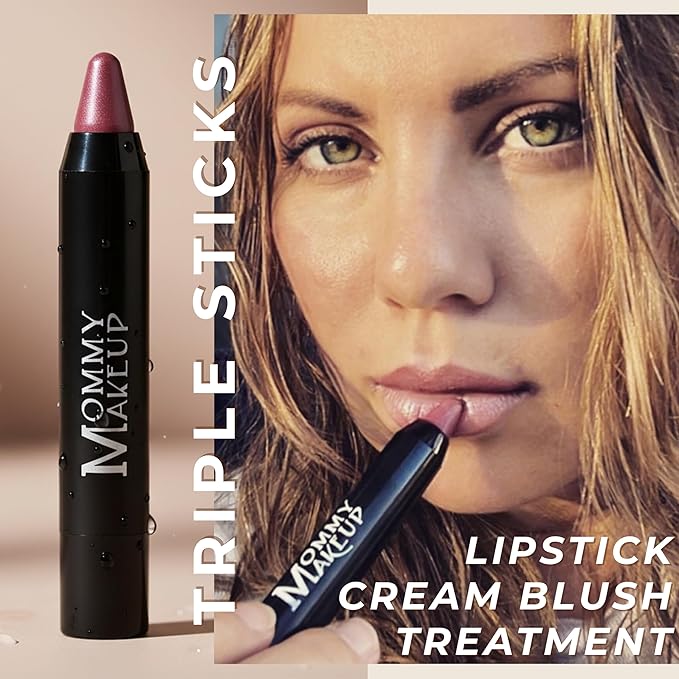 Mommy Makeup Triple Sticks Lipstick, Cream Blush & Teatment All-In-One with Shea & Cocoa Butter - Soft & Creamy Moisturizing Lip Crayon For Lips & Cheeks (Riley Love)