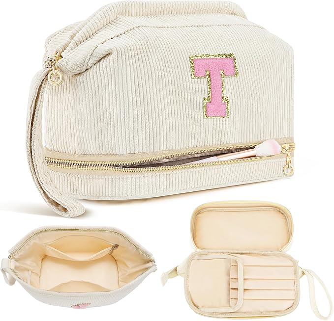 Makeup Bag for Girls Gift, Personalized Christmas Gifts Initial Women Makeup Bag for Travel, Double Layer Cosmetic Bag with Brush Organizer Preppy Make up Bag for Teen Girl Trendy - T