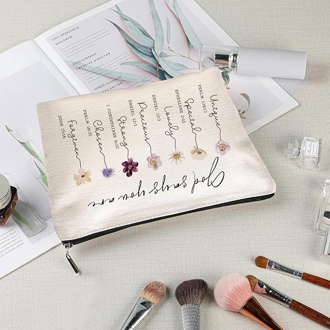 God Says You Are Cosmetic Bag, Inspirational Bible Verse Makeup Bag for Women, Floral Bible Verse Makeup Case, Sister Gifts, Friend Gifts, Affirmations Gifts, Christian Gifts, Birthday Gifts for Women