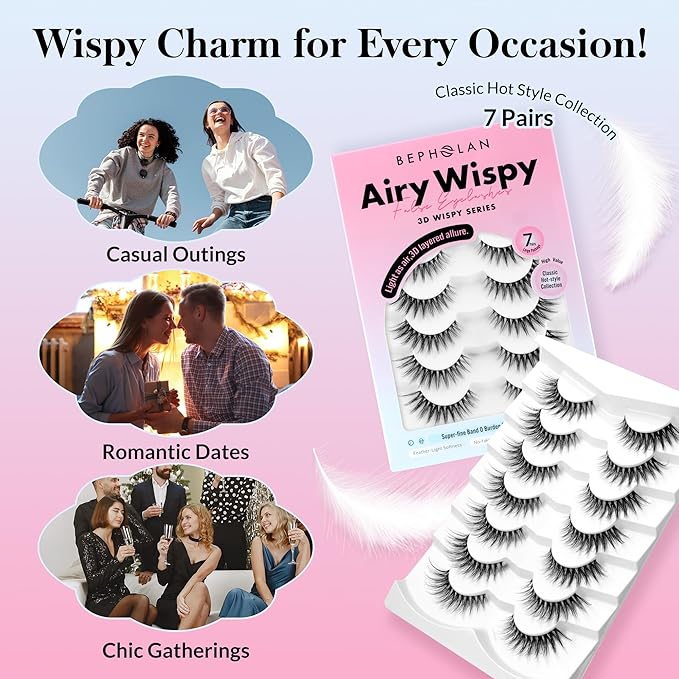 Bepholan False Eyelashes 7 Pairs Strip Eye Lash Natural Look Wispy Lashes Reusable Thin Clear Band & Soft Fake Lashes（W06）
