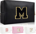 Personalized Initial Letter Patch Makeup Bag, Preppy Portable Chenille Cosmetic Bag with Zipper, PU Leather Waterproof Travel Toiletry Bag Monogram Make Up Pouch for Women Girls