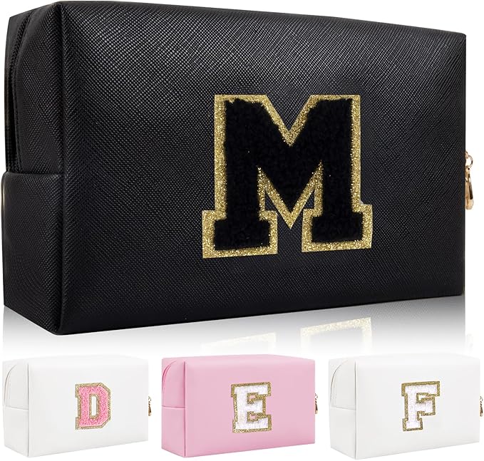Personalized Initial Letter Patch Makeup Bag, Preppy Portable Chenille Cosmetic Bag with Zipper, PU Leather Waterproof Travel Toiletry Bag Monogram Make Up Pouch for Women Girls