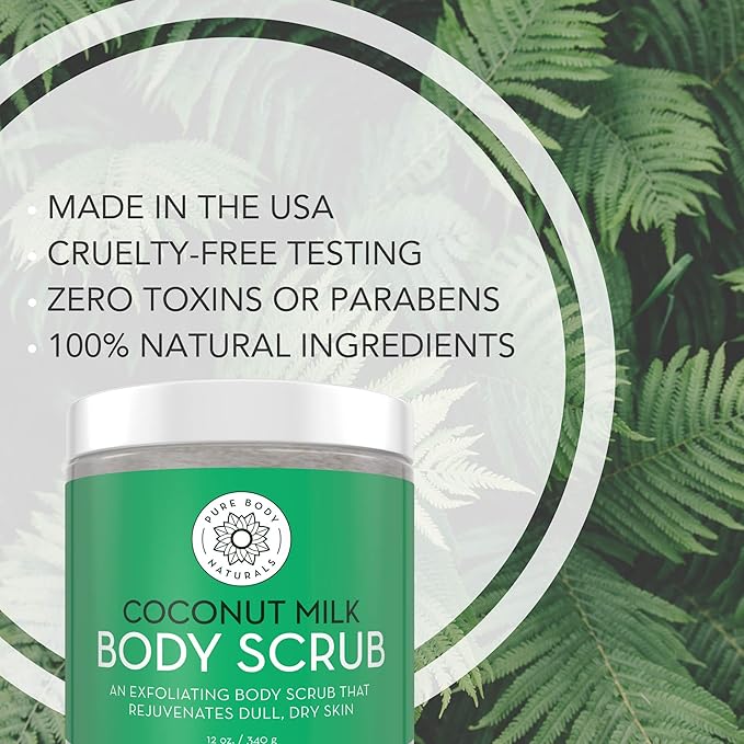 Pure Body Naturals Exfoliating Body Scrub with Hydrating Coconut Milk and Detoxifying Dead Sea Salt, Moisturizing Exfoliating Scrub, 12 Ounce (Packaging Varies)