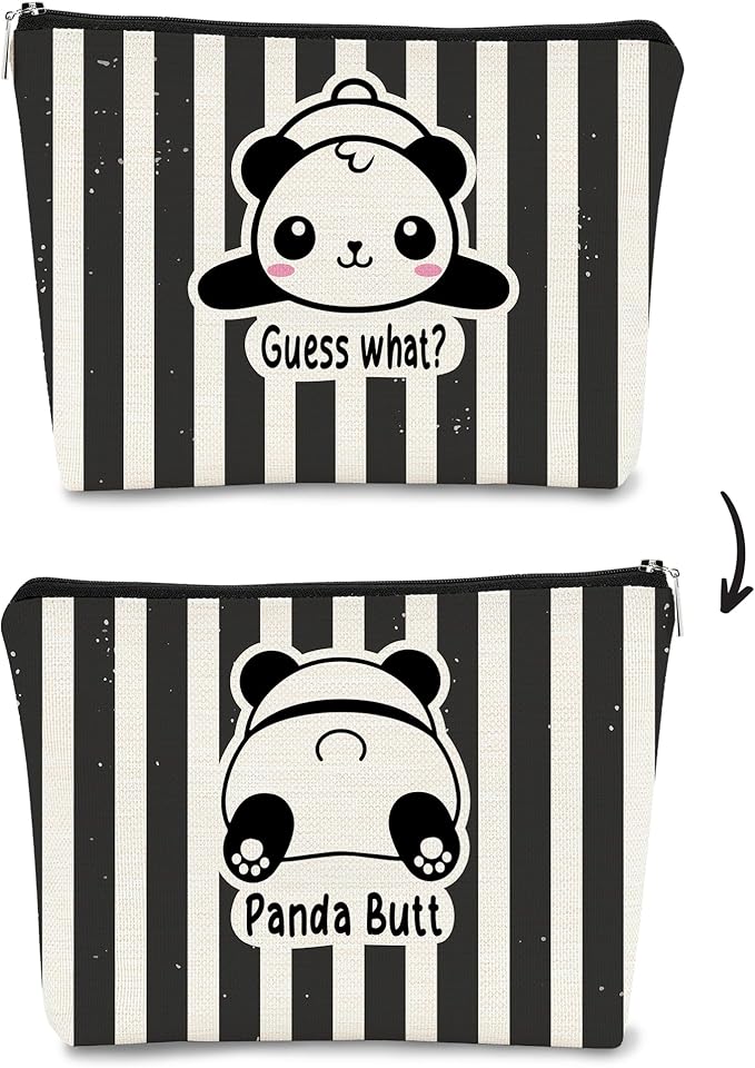 Panda Gifts Makeup Bag for Women Girls - Cute Baby Panda 'Guess What It's Pug Butt' Cosmetic Case for Teens Daughter - Accessories (Black and White Stripe 1)