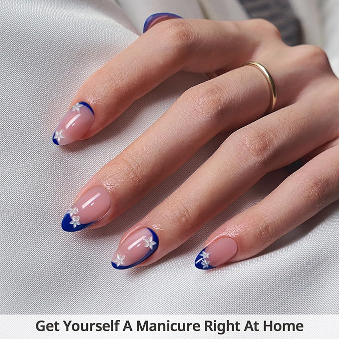 BTArtbox Press On Nails Short - Lamp-Curable Blue French Tip Almond Press On Nails with Glue for Women, Semi-Transparent Soft Gel Glue On Nails in 16 Sizes - 32 Stick On Nails Kit, Blue Blossom