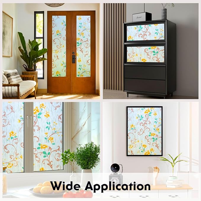 Volcanics Stained Glass Window Film, Frosted Glass Window Privacy Film, Decorative Window Clings, Floral Design Static Cling Sun Blocking Tint for Bathroom, 17.5 x 78.7 Inch
