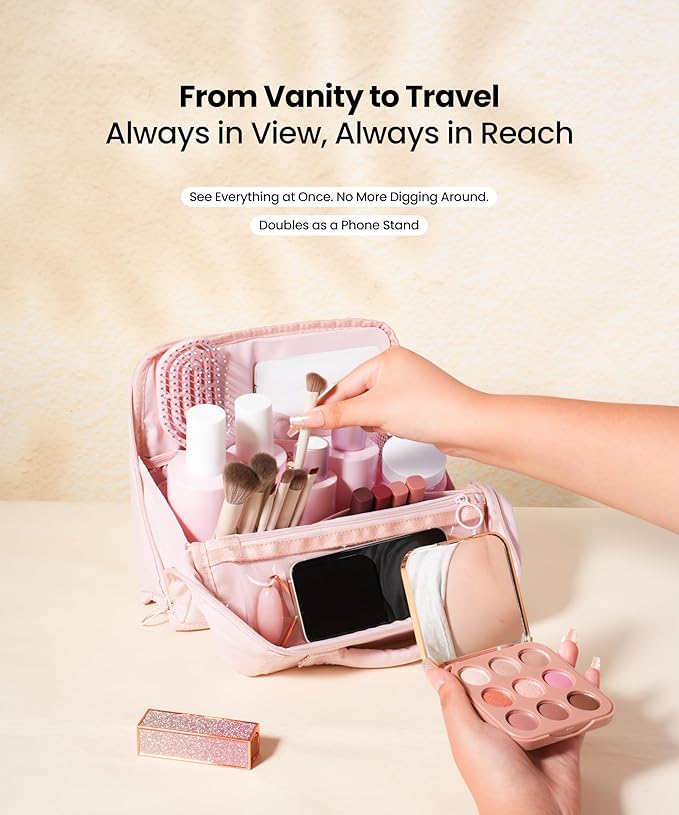 APT 1101 Standing Makeup Bag, Travel Makeup Organizer with Magnetic Fold-Down Design, Portable makeup Case with Compartments for Brushes & Tools (Light Pink)