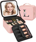 Relavel Initial Makeup Bag with LED Mirror for Women Girls, Personalized Travel Cosmetic Organizer Train Case, Birthday Gifts for Grandkids Bridesmaid Graduation Teacher Friends, Trendy Stuff, Pink L