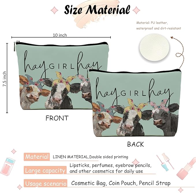 Cow Print Stuff,Cow Makeup Bag,Cow Gifts,Western Makeup Bag,Makeup Bags For Women,Cow Print(Green Pu Leather Cosmetic Bag)