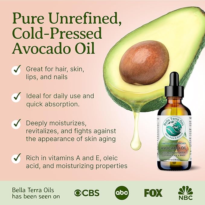 Bella Terra Oils - Avocado Oil 8 oz - Cold-Pressed Excellence, Brimming with Oleic Acid & B-Vitamins, Ideal Complement for Skin Care Regimens