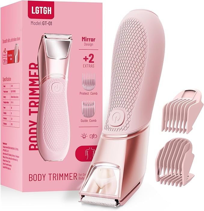 Bikini Trimmer for Women: Pubic Hair Razor with Mirror & LED Light, Electric Shaver with Ceramic Blades & Travel Lock - Body Groomer IPX7 Waterproof Use for Legs/Arm/Underarm - Baby Pink