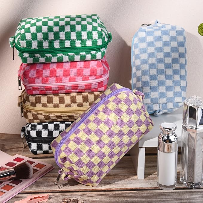 SOIDRAM 6 Pcs Checkered Makeup Bag Preppy Cosmetic Bag Bulk Pink Black Makeup Pouch Personalize Travel Toiletry Bag Organizer Cute DIY Makeup Brushes Storage Bag for Women