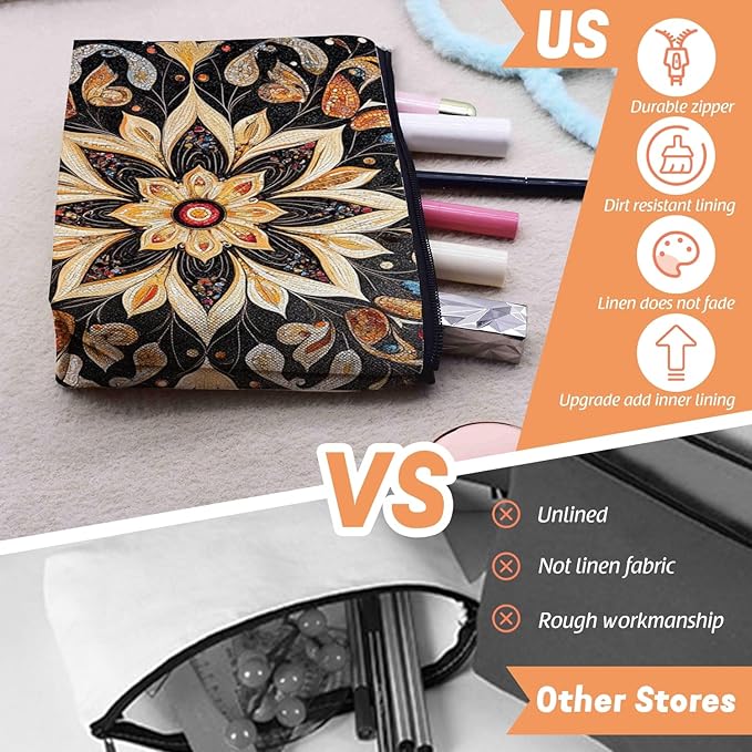 Cosmetic Bags Travel Makeup Toilet Case Waterproof Pouch for Women Girls 6.7X9.45inches - Symmetrical Gold Flower Pattern