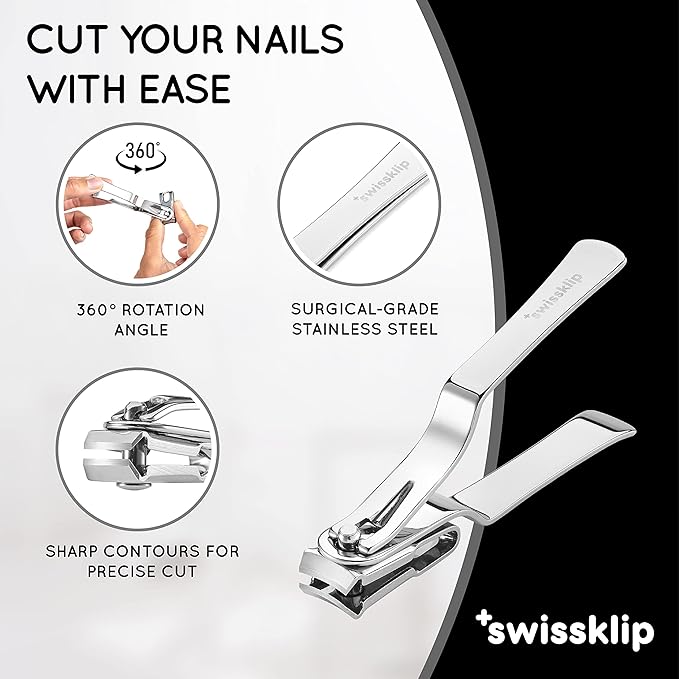 Swissklip Nail Clippers for Men & Women I Finger Nail Clippers for Adult with 360 Degree Rotating Head I Fingernail Clippers for Women I Surgical-Grade Stainless Steel Material (2 Pack)