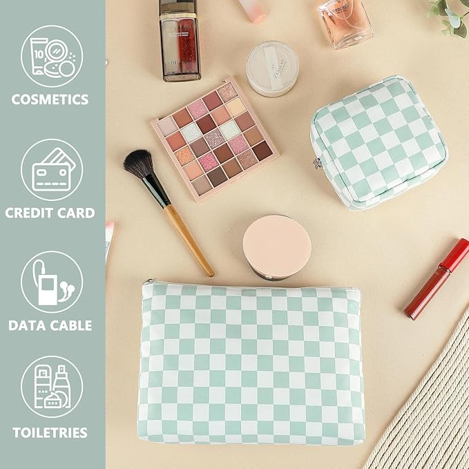Checkered Makeup Bag, Travel Cosmetic Bag Organizer Toiletry Bag Make Up Bags with Zipper & Compartments for Women Girls, 2PCS