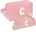 Personalized Initial Makeup Bag Trendy Stuff Corduroy Cosmetic Bag Travel Toiletry Bag for Women, Christmas/Thanksgiving/Halloween Gifts Makeup Organizer Case for Teen Girls Mom Girlfriend Wife - Pink