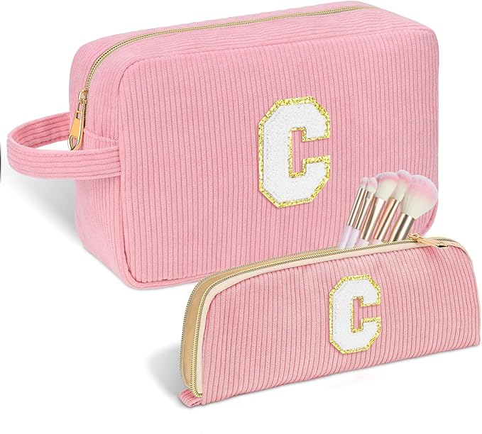 Personalized Initial Makeup Bag Trendy Stuff Corduroy Cosmetic Bag Travel Toiletry Bag for Women, Christmas/Thanksgiving/Halloween Gifts Makeup Organizer Case for Teen Girls Mom Girlfriend Wife - Pink