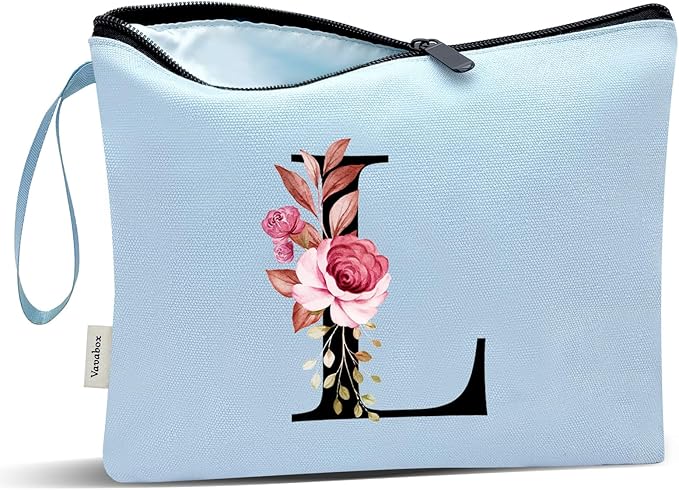 Vavabox A-Z Personalized Makeup Bag, Birthday Gifts for Women Mom, Gifts for Best Friend, Bride Bridesmaid Cosmetic bag (L, Blue)