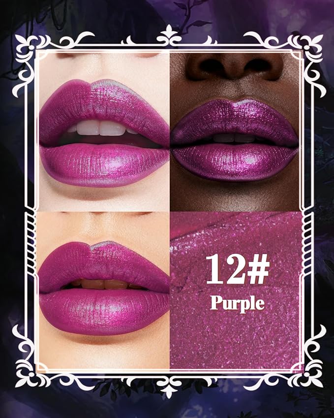 Glitter Metallic Shimmer Lipstick, Purple Lipstick Long Lasting, Diamond High Pigmented Shiny Metallic Lip Stick, Non-sticky Sparkly Lipsticks for Women Christmas Makeup-12 Purple