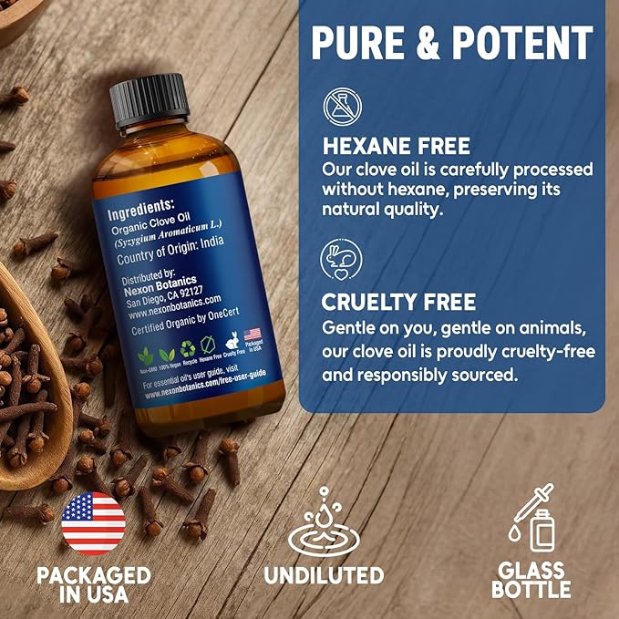 Organic Clove Essential Oil 30 ml - Pure, Natural, Undiluted for Toothache, Sore Muscles, Skin & Hair Care - Soothing Clove Bud Essential Oil - Nexon Botanics