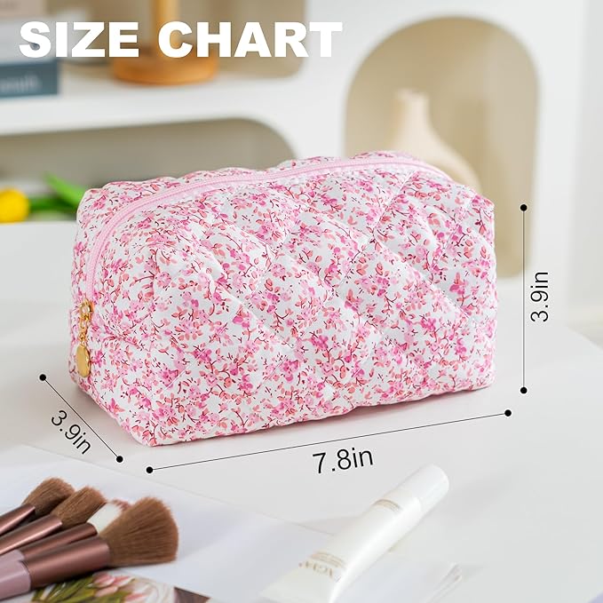Makeup Bag Travel Toiletry Bag for Women, Small Cosmetic Bags Cute Quilted Cotton Makeup Pouch for Purse Emergency Bag for School Floral Pencil Case Accessory Bag, Baby Pink
