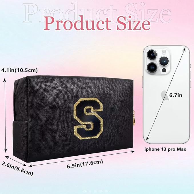 Small Personalized Letter Makeup Bag, Cute PU Leather Chenille Letters Cosmetic Bag Travel Makeup Pouch, Preppy Travel Organizer Zipper Pouch for Women&Girls（Black-S）