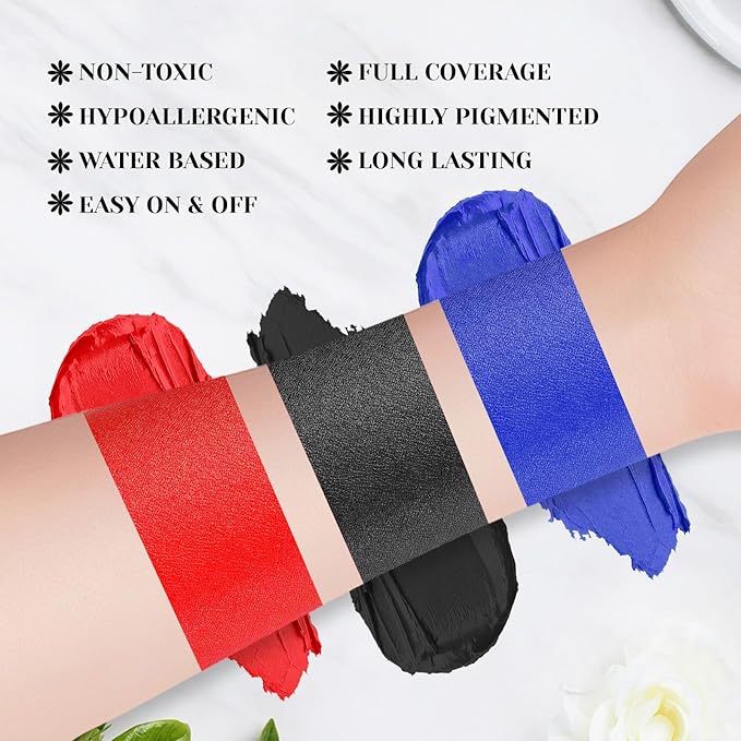 Red Black Blue Face Body Paint Stick Set with Translucent Setting Powder and Sponges, Professional Full Coverage Face Painting for Adults Halloween Cosplay SFX Joker Skull Monster Makeup