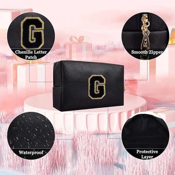Small Personalized Letter Makeup Bag, Cute PU Leather Chenille Letters Cosmetic Bag Travel Makeup Pouch, Preppy Travel Organizer Zipper Pouch for Women&Girls（Black-G）