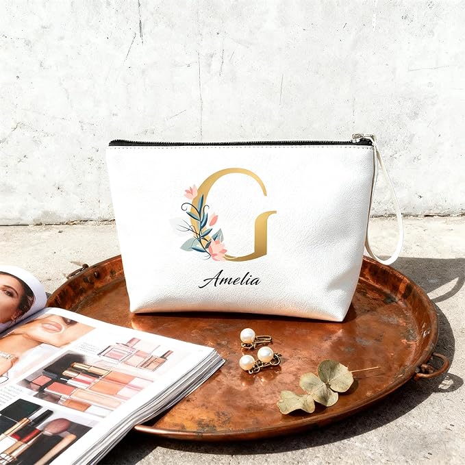 Personalized Makeup Bag Initial&Birth Flower Custom Small Travel Cosmetic Bag with Name Cute Makeup Bag for Women Girls