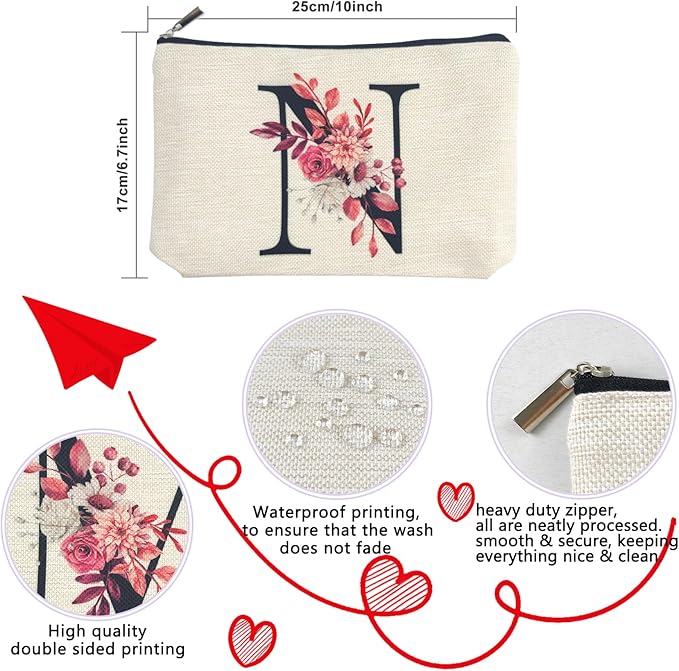 Initial A-Z Personalized Floral Makeup Bag, Monogrammed Birthday Gifts for Women Mom, Mothers Day Christmas Gift Ideas for Best Friend, Bride Bridesmaid, Her, Grandma, Small Travel Cosmetic Bag (N)