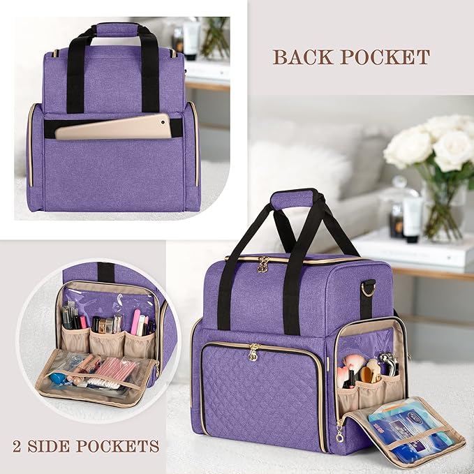 LUXJA Large Travel Makeup Bag with 3 Removable Cases, Cosmetic Bag with Detachable Dividers (Patent Pending), Purple