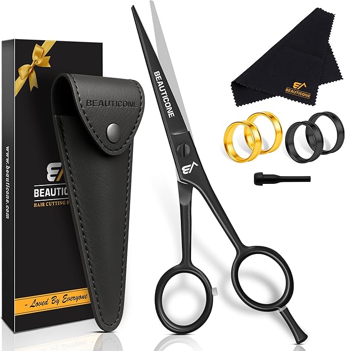 BEAUTICONE ® Hair Cutting Scissors - High Carbon SS 6.5" Professional Barber-Grade Salon Shears with Serrated & Razor Edge - Black Premium Gift Box with Leather Pouch & Extra Accs - Ultra Lightweight