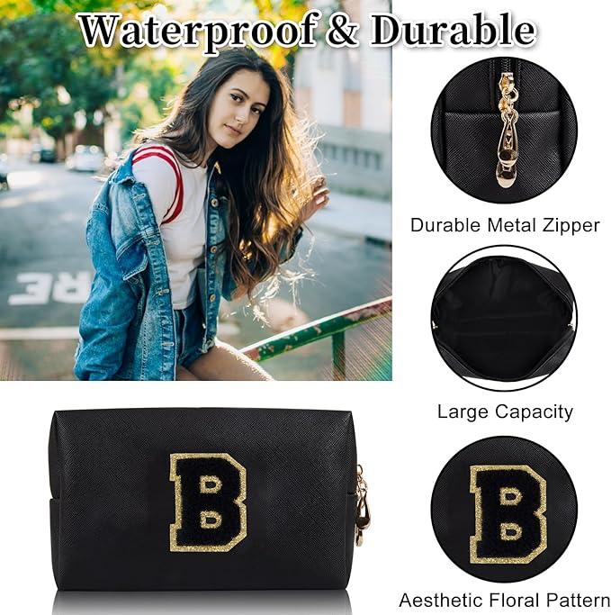 Personalized Initial Letter Patch Makeup Bag, Preppy Portable Chenille Cosmetic Bag with Zipper, PU Leather Waterproof Travel Toiletry Bag Monogram Make Up Pouch for Women Girls