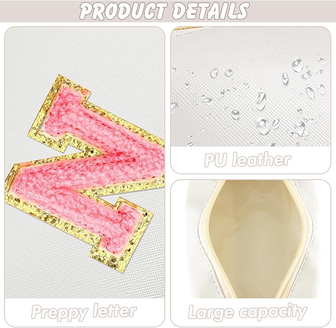 Initial Makeup Bag Personalized Preppy Travel Small Cosmetic Bag Cute PU White Chenille Letter Makeup Pouch for Purse Waterproof Zippered Toiletry Organizer for Women Girl Kid Friends(N)