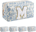JOVAKIT Alphabet Makeup Bag Cosmetic Bag for Women, Christmas Gifts for Girls Age 6-18, Floral Flowers Coquette Travel Toiletry Zipper Make Up Pouch Organizer Trendy Stuff (Blue Floral M)