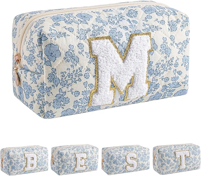 JOVAKIT Alphabet Makeup Bag Cosmetic Bag for Women, Christmas Gifts for Girls Age 6-18, Floral Flowers Coquette Travel Toiletry Zipper Make Up Pouch Organizer Trendy Stuff (Blue Floral M)