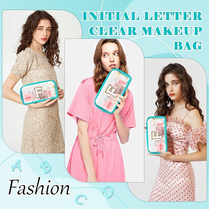 Personalized Initial Letter Clear Makeup Bag,Preppy Small Nylon&PVC Cosmetic Zipper Bag with Chenille Letter,Portable Beach Travel Skincare Toiletry Bag,Trendy Monogram Gift for Teen Girls Women,F