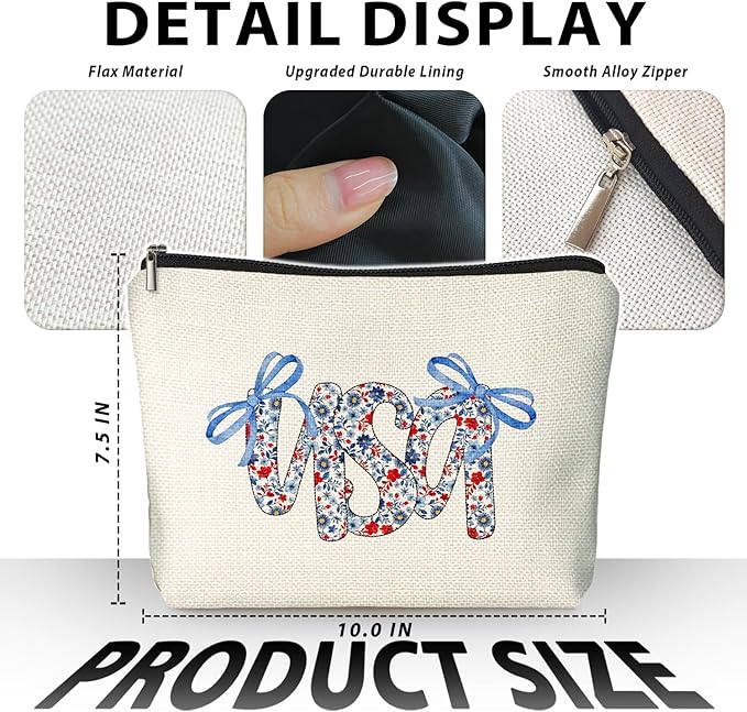 Retro Floral USA 4th of July Makeup Bag, America Patriotic Cosmetic Bags for Women, Red White and Blue Bow USA Toiletry Bag for Women, cosmetic bag, makeup case