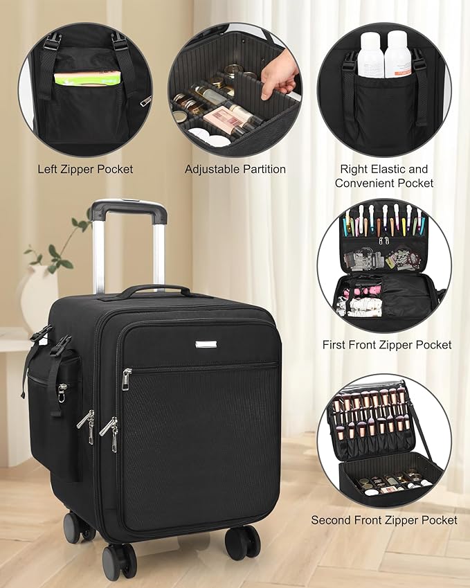 Relavel Rolling Makeup Case–Professional Makeup Train Case,Makeup Artist Travel Bag with Wheels,8-in-1 Portable Travel Beauty Trolley Case for Cosmetology Storage(Black)