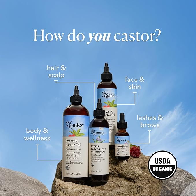 Sky Organics Castor Oil - USDA Certified Organic Hair Oil for Hair Growth, Skin, Face, Eyelashes - Cold Pressed & Hexane Free - Pure Organic Castor Oil Pack Wrap - Carrier & Hair Treatment Oil