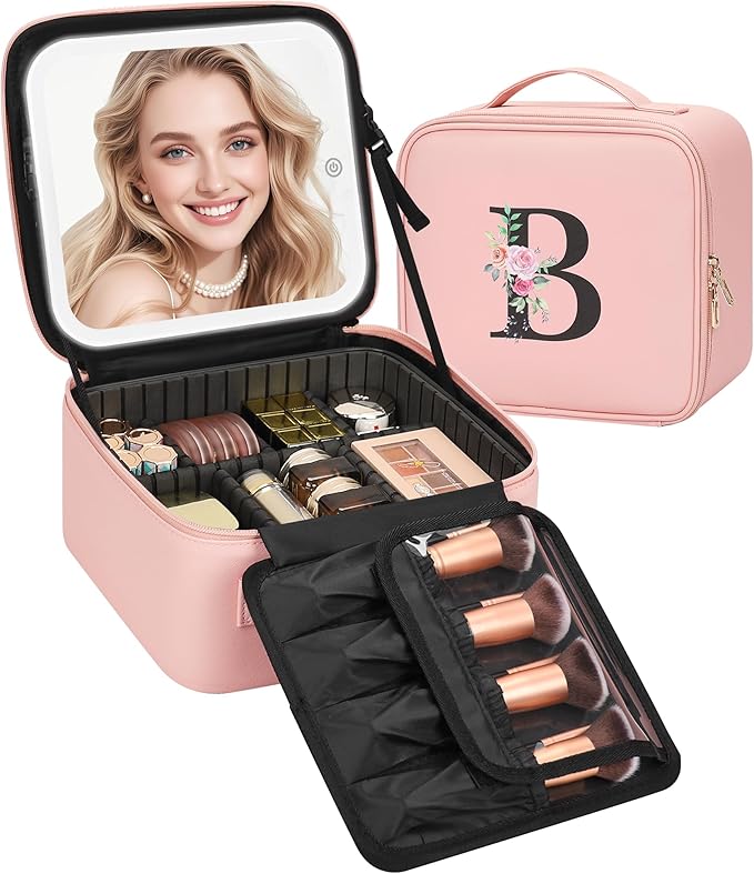 Relavel Initial Makeup Bag with LED Mirror for Women Girls, Personalized Travel Cosmetic Organizer Train Case, Birthday Gifts for Grandkids Bridesmaid Graduation Teacher Friends, Trendy Stuff, Pink B