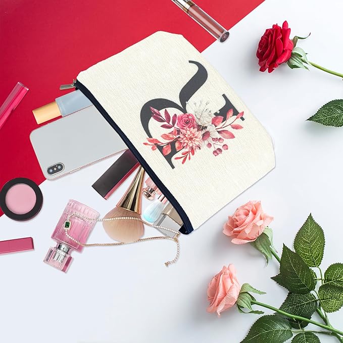 Initial A-Z Personalized Floral Makeup Bag, Monogrammed Birthday Gifts for Women Mom, Mothers Day Christmas Gift Ideas for Best Friend, Bride Bridesmaid, Her, Grandma, Small Travel Cosmetic Bag (R)