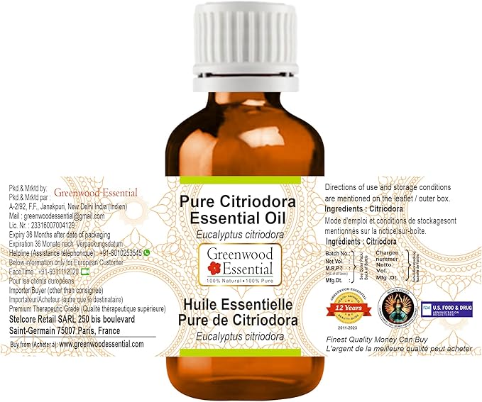 Greenwood Essential Citriodora Essential Oil (Eucalyptus citriodora) Pure | Non-Sticky | Non-Greasy | Lightweight | Men & Women | All Skin Types | Steam Distilled 30ml (1 oz)