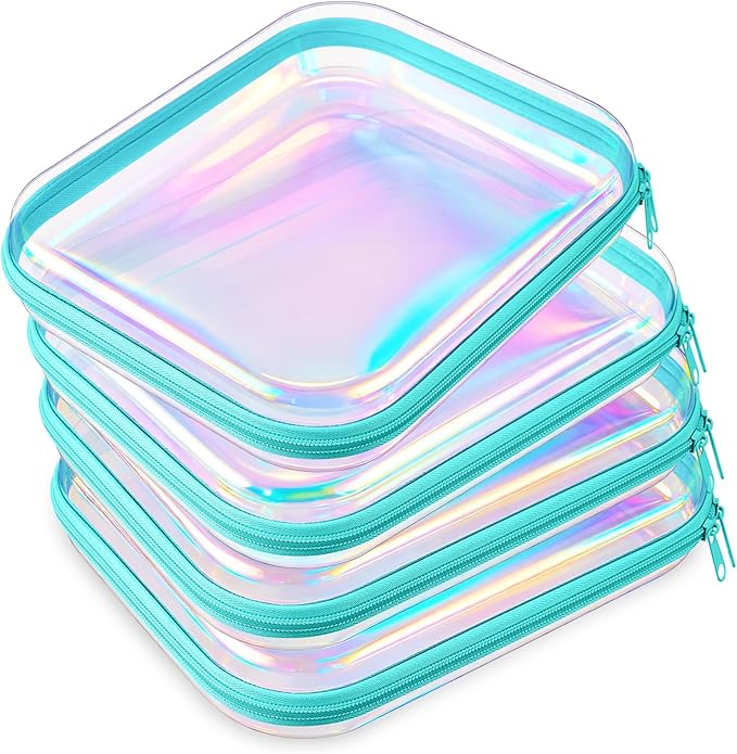 Hoolerry 4 Pcs Hard Clear Zipper Case Makeup Bags Plastic Pencil Pouch Transparent Storage Box Containers for Cosmetics, Snacks, Building Blocks, Puzzles(Blue Laser,9.8 x 7.9 x 2 in)