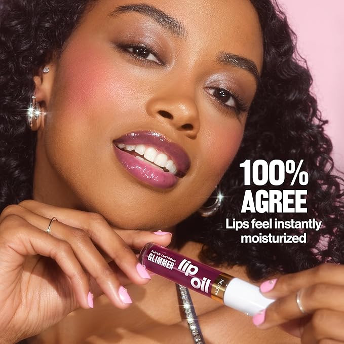 REVLON Super Lustrous Glimmer Lip Oil, Moisturizing & Tinted, Shiny Finish, Made with Plant-Based Squalane, 006 Plum Pop, 0.13 fl oz