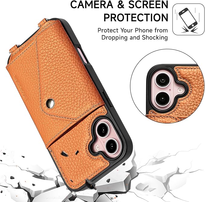 LUCKYCOIN Crossbody Wallet Phone Case for iPhone 16,100% Genuine Leather Wallet Phone Case with Expandable Flip Card Holder,Phone Purse for Women with Adjustable Removable Strap - Pebble Brown