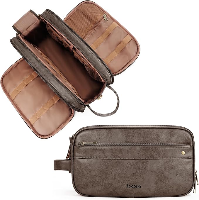 Travel Toiletry Bag for Men, Large Hanging Toiletries Organizer Bags for Women, Cruise Ship Essentials, Water-resistant Shaving Case, PU Leather Makeup Accessories Cosmetic Dopp Kit, Dark Brown