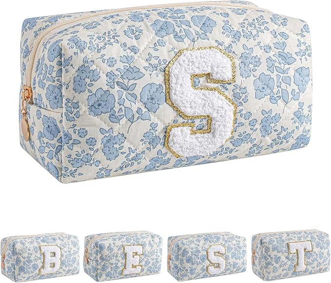 JOVAKIT Alphabet Makeup Bag Cosmetic Bag for Women, Christmas Gifts for Girls Age 6-18, Floral Flowers Coquette Travel Toiletry Zipper Make Up Pouch Organizer Trendy Stuff (Blue Floral S)