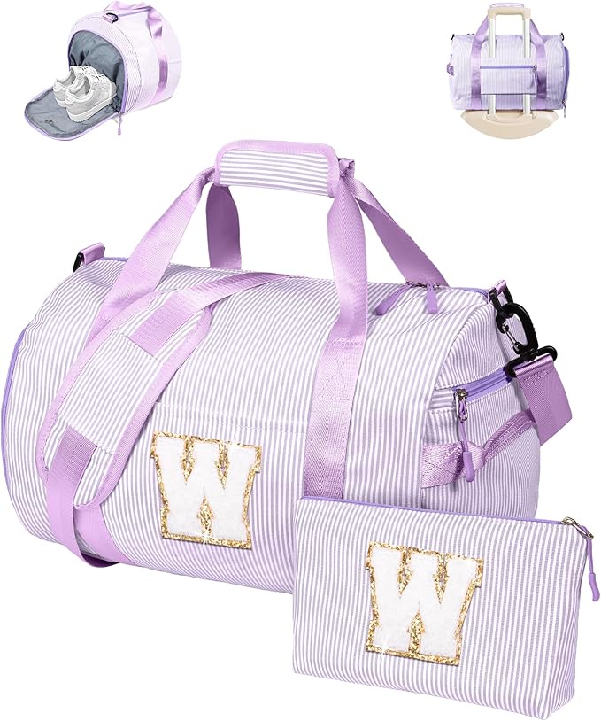 Christmas Gift for Her, Girls Travel Duffle Bag, Kids Initial Overnight Duffel Bags with Shoe Compartment, Personalized Dance Bag with Cosmetic Pouch, Tween Gifts Trendy Stuff (Letter W)